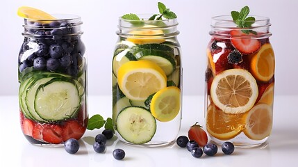 Canvas Print - Fresh fruit-infused detox water in glass jars. Healthy lifestyle concept. Three types of flavored water for hydration. Vibrant and colorful, perfect for fitness and spa. AI