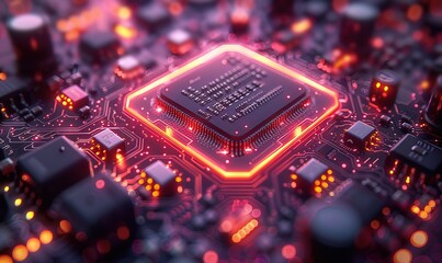 Wall Mural - illustration of a high-tech processor chip with a glowing orange line effect next to it