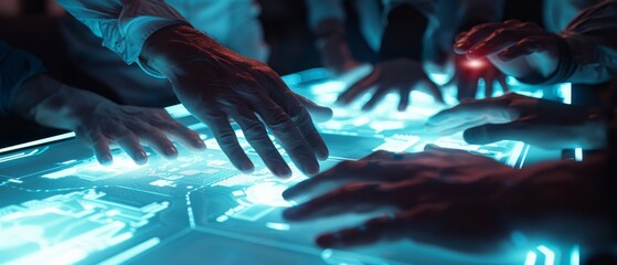 Engineer, Scientists and Developers Gathered Around Illuminated Conference Table 