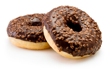 Two chocolate glazed donut isolated on a white background