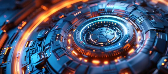 Wall Mural - a technology themed background with circular shapes in dark blue and glowing orange