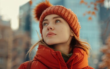 Wall Mural - A woman wearing a red jacket and matching hat walking on a path