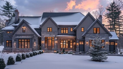 Wall Mural - Photo of a large grey house in the New England style with stone and wood details, snow on the ground, sunset lighting, front view, wide
