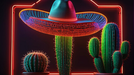 Wall Mural - A neon sign featuring a Mexican hat and cactus, suitable for Mexican-themed designs. Generative AI.