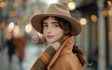 Wall Mural - A woman in a brown hat and scarf walking along the street