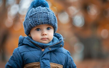 Wall Mural - A small child wearing a blue jacket and hat walks through an autumn park