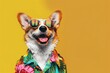 © Jennie Pavl - A cheerful dog wearing a vibrant Hawaiian shirt and stylish sunglasses, radiating pure joy and happiness.