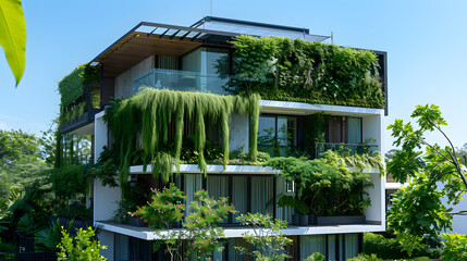 Wall Mural - A tall building with a green roof and a lot of plants