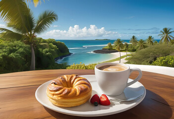 romantic breakfast in tropical paradise. Delicious Danish pastries along with freshly brewed coffee and a glass of tropical juice. palm trees, beach, ocean, relaxing day in paradise.