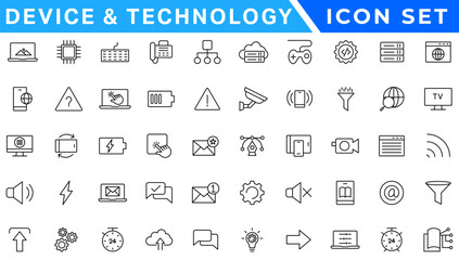 Poster - Device and technology web icons in line style. Computer monitor, smartphone, tablet and laptop. Vector illustration