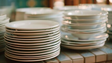 crockery, plate, stack, dish, dining, shiny, pile, kitchen, porcelain, set, tableware, ceramic, clean, round, service, serving, stacked, buffet, empty, isolated, utensil, white, dinnerware, eatery, ba