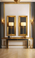 simple elegant hallway with two tall rectangular gold decorative photo frames, luxury hallway interior in a beautiful home, home design,