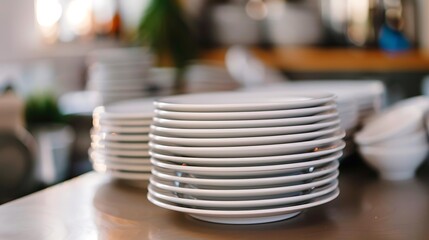 crockery, plate, stack, dish, dining, shiny, pile, kitchen, porcelain, set, tableware, ceramic, clean, round, service, serving, stacked, buffet, empty, isolated, utensil, white, dinnerware, eatery, ba