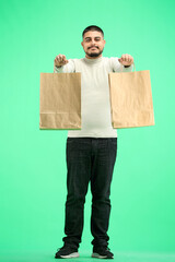 Canvas Print - A man, full-length, on a green background, with bags