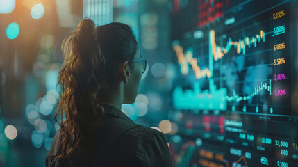 Poster - A woman is looking at a computer screen with a lot of numbers on it