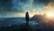 © Oleksiy - Zodiac wheel and photo of woman in mountains under starry sky. Banner design