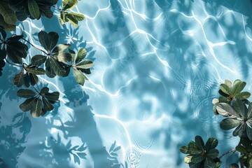 Wall Mural - blue surface of the pool with reflecting green tropical leaves
