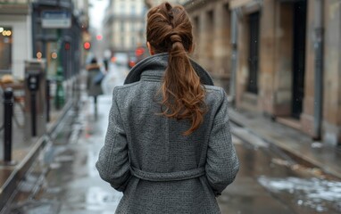 Wall Mural - A young woman in a gray coat walking down a street in the rain