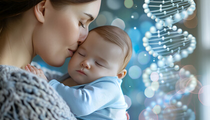 noninvasive prenatal testing (nipt). woman holding sleeping baby on light blue background, closeup
