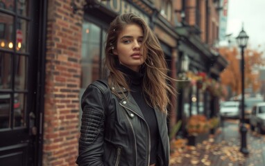 Wall Mural - A beautiful young woman in a leather jacket stands confidently in front of a brick building