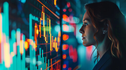 Poster - A woman is looking at a computer screen with a lot of numbers and graphs