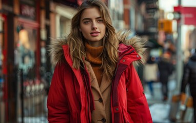 Wall Mural - A woman dressed in a red coat strolls down an urban street