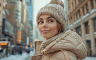 Wall Mural - A young woman is wearing a winter coat and hat, walking