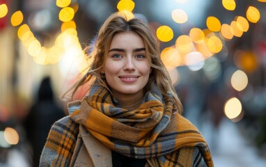 Wall Mural - A woman walking on the street with a scarf and another wrapped around her neck