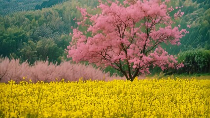 Poster - A pink cherry blossom tree stands in a field of vibrant yellow flowers under the spring sunlight, A field of blooming cherry blossoms in the springtime