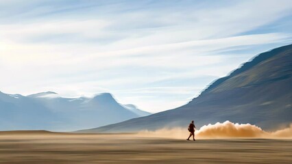 Wall Mural - Individual briskly walks through an expansive field, with towering mountains as backdrop, A figure moving swiftly across a vast landscape