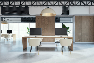 Poster - Bright coworking office with equipment, furniture, various other objects and daylight. 3D Rendering.
