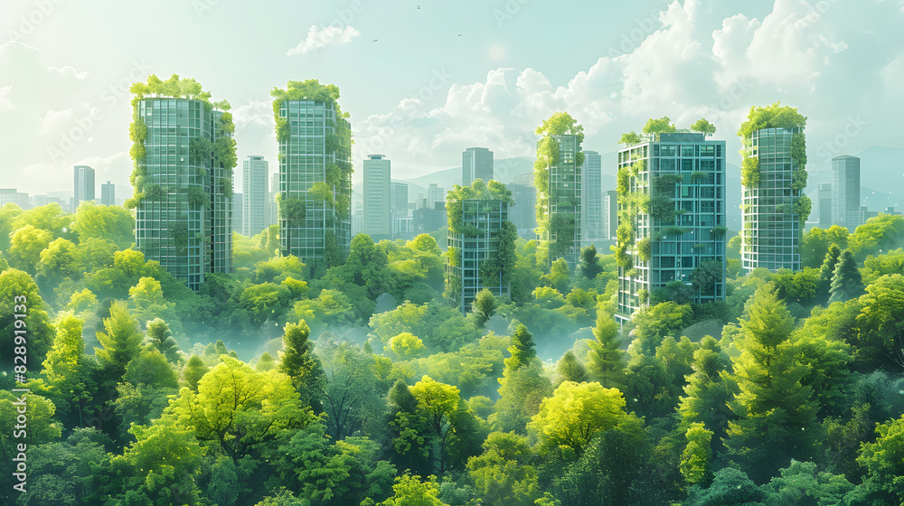 Modern skyscrapers adorned with greenery rise amidst a lush forest ...