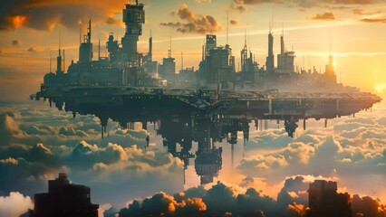 Poster - A city of the future hovers above toxic wasteland, surrounded by clouds, A floating city above a toxic wasteland