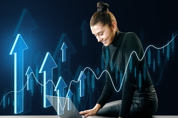 Poster - Attractive happy young european woman using laptop on desk with creative growing forex chart with arrow on dark background. Financial growth and stock concept.