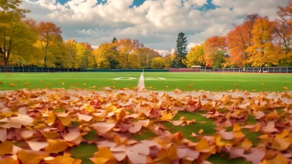 Wall Mural - Field Blanketed in Autumn Leaves, A football field covered in colorful autumn leaves, creating a picturesque backdrop for the game