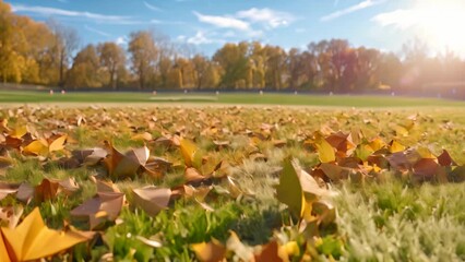 Poster - A field filled with autumn leaves and lush green grass under a clear blue sky, A football field covered in colorful autumn leaves, creating a picturesque backdrop for the game