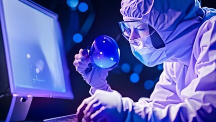 Poster - A man in a white suit and mask working diligently on a laptop, A forensic investigator analyzing a compromised system