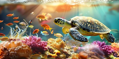 Colorful underwater scene with a sea turtle and fish. Concept Underwater Photography, Sea Turtle, Colorful Props, Marine Life, Ocean Scene