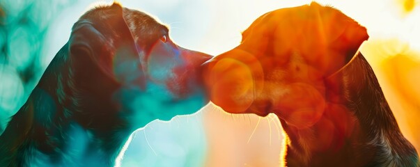 Silhouette of two dogs touching noses at sunset, bathed in vibrant orange and blue light, capturing a heartfelt moment of connection.