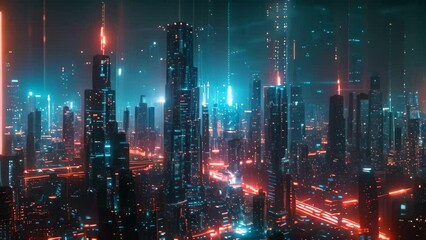 Sticker - A bustling futuristic city at night illuminated by vibrant neon lights, A futuristic cityscape illuminated by holographic displays