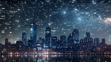 a city skyline with bright stars scattered across the night sky, a futuristic cityscape illuminated 