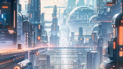 Poster - a futuristic city skyline with glowing buildings reflected in the water below, a futuristic cityscap