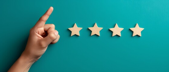 Hand with pointing finger pointing to rating stars , Customer service evaluation and satisfaction survey concepts. 