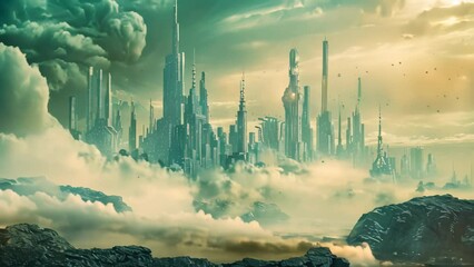 Poster - A futuristic city on an alien planet is enveloped in dense smoke and fog, creating an eerie and mysterious atmosphere, A futuristic cityscape on a distant alien planet