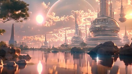 Poster - a high-tech city on an alien planet, with towering buildings and bridges, set against a backdrop of 