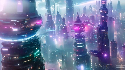 Poster - a futuristic city at night, illuminated by vibrant neon lights with flying vehicles overhead, a futu