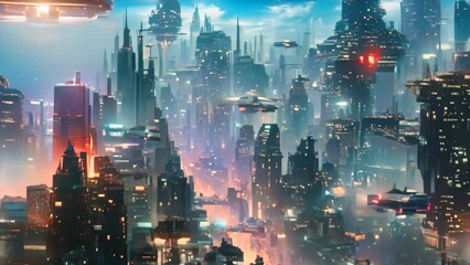 Poster - high-rise futuristic city with neon lights, towering skyscrapers, bustling streets, and flying vehic