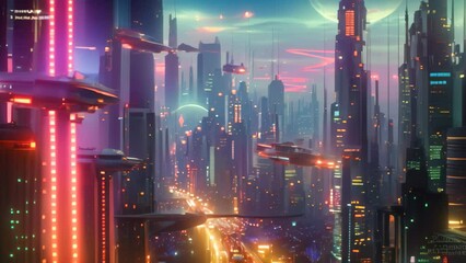 Poster - a city at night with numerous neon lights illuminating the futuristic skyscrapers and transportation