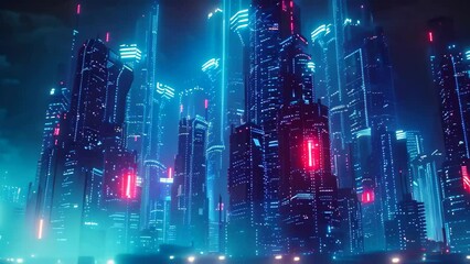 Poster - Modern Cityscape Illuminated by Neon Lights, A futuristic cityscape with sleek blue buildings and neon lights against a dark blue background