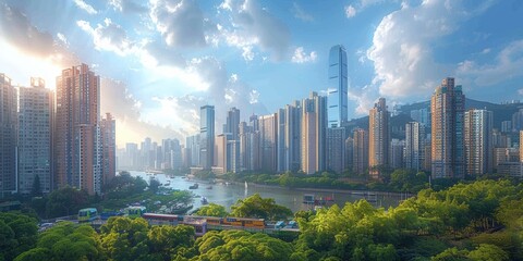 Wall Mural - Cityscape panorama of modern skyline, with skyscrapers reflecting sunset beside the river.